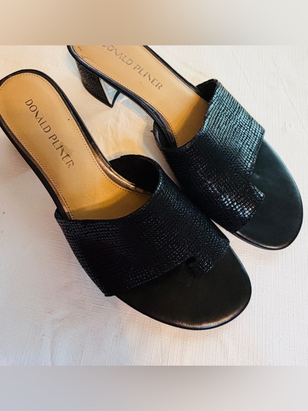 Donald J Pliner Black Textured Slide Mules with Sculpted Heel - Picture 4 of 8